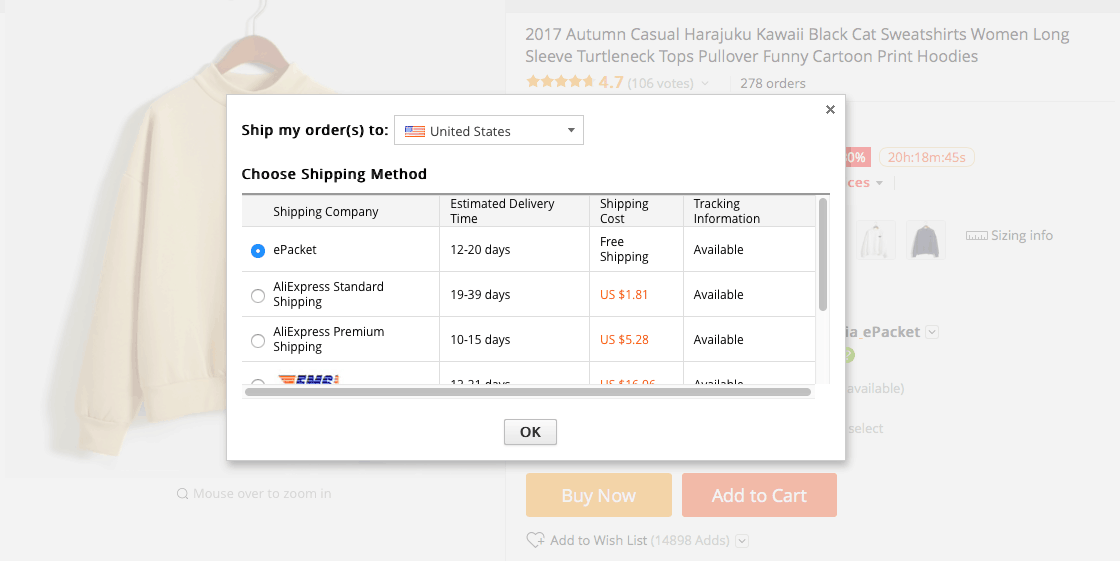 Shipping options offered by an AliExpress seller