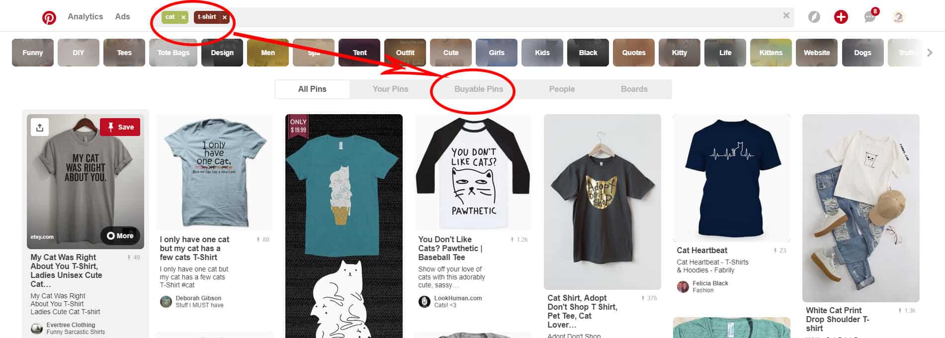 Screenshot of the Pinterest search box with cat related T-shirts 