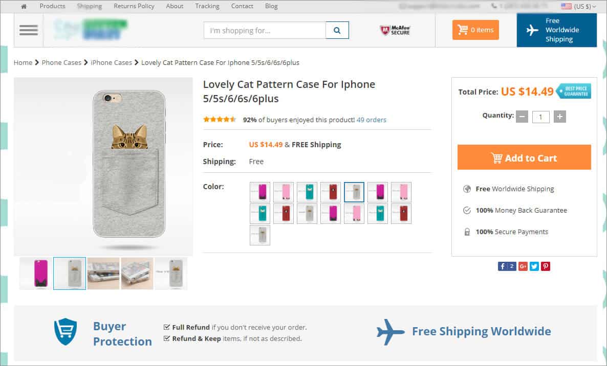 Image of an AliExpress best-seller (cat in a pocket phone cover) that happens to be unavailable now