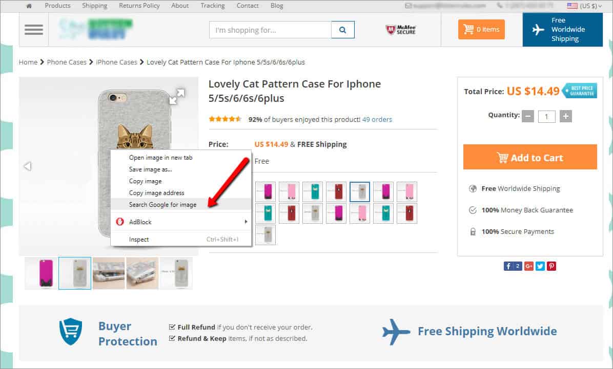 Screenshot of how you can search products similar to this iPhone case with Google Images