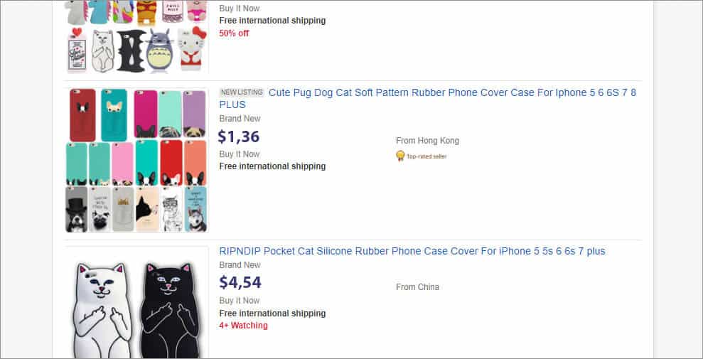 eBay search results showing products related to the query "Cat pocket iPhone case"