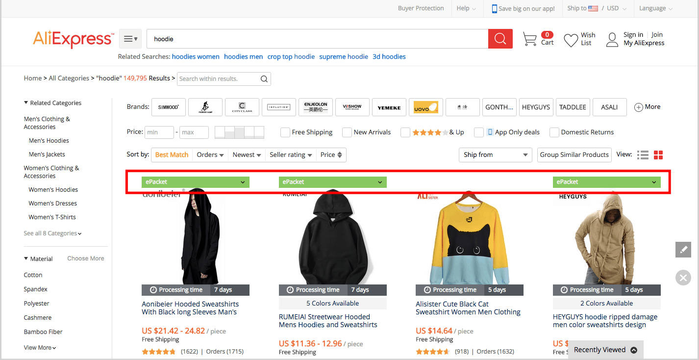 a picture showing how to check if a product has an ePacket shipping option by means of alidropship chrome extension
