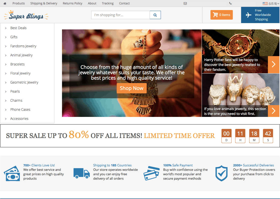 The homepage of a dropshipping store built with the AliDropship plugin