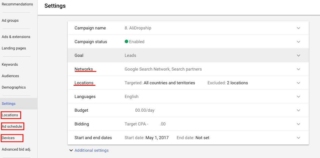 Google Ads account settings