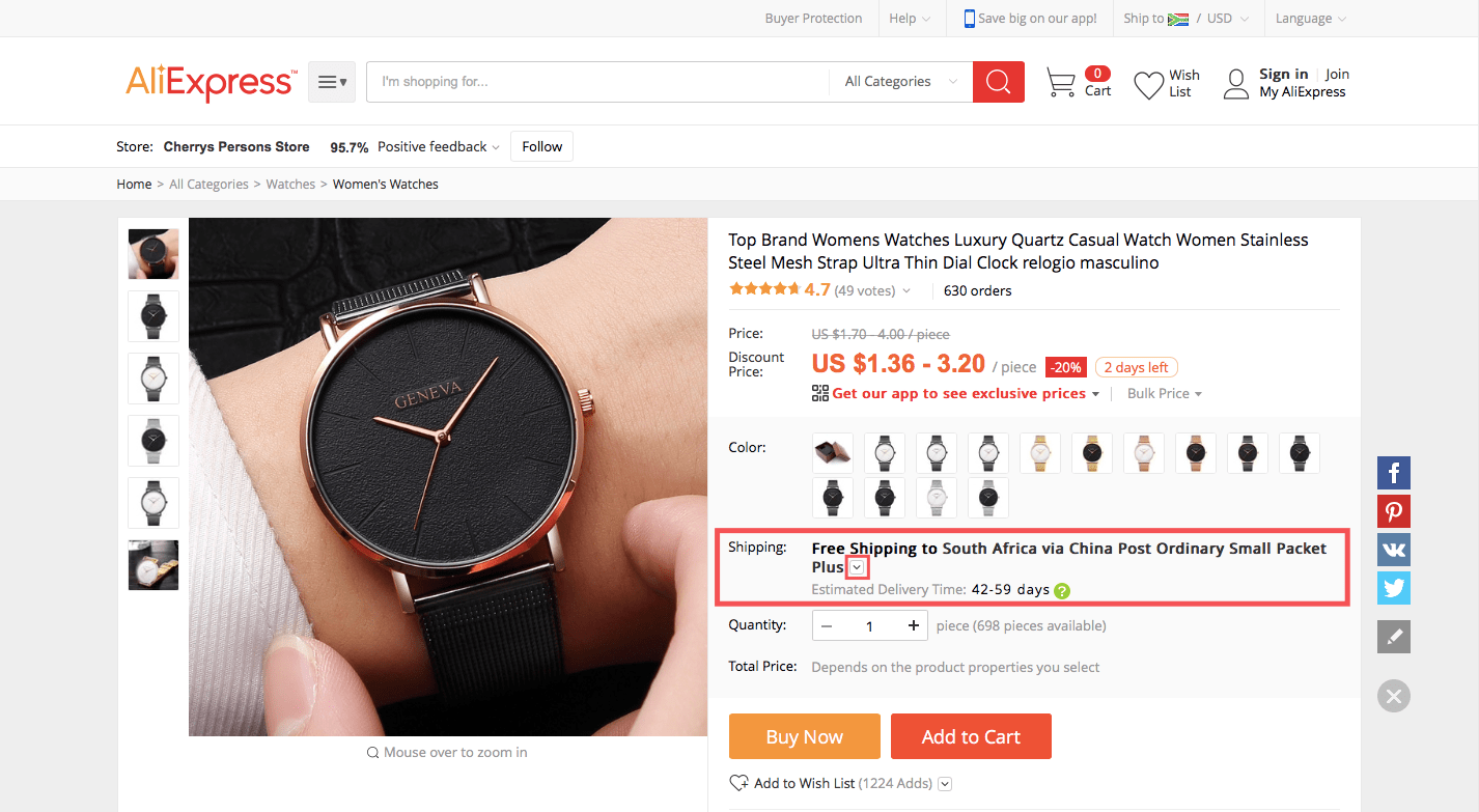 Delivery options on an AliExpress product page