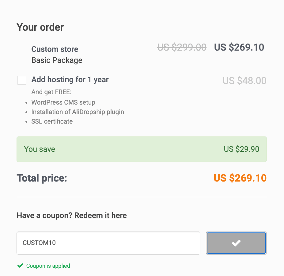 an image showing how to get 10% OFF AliDropship custom store