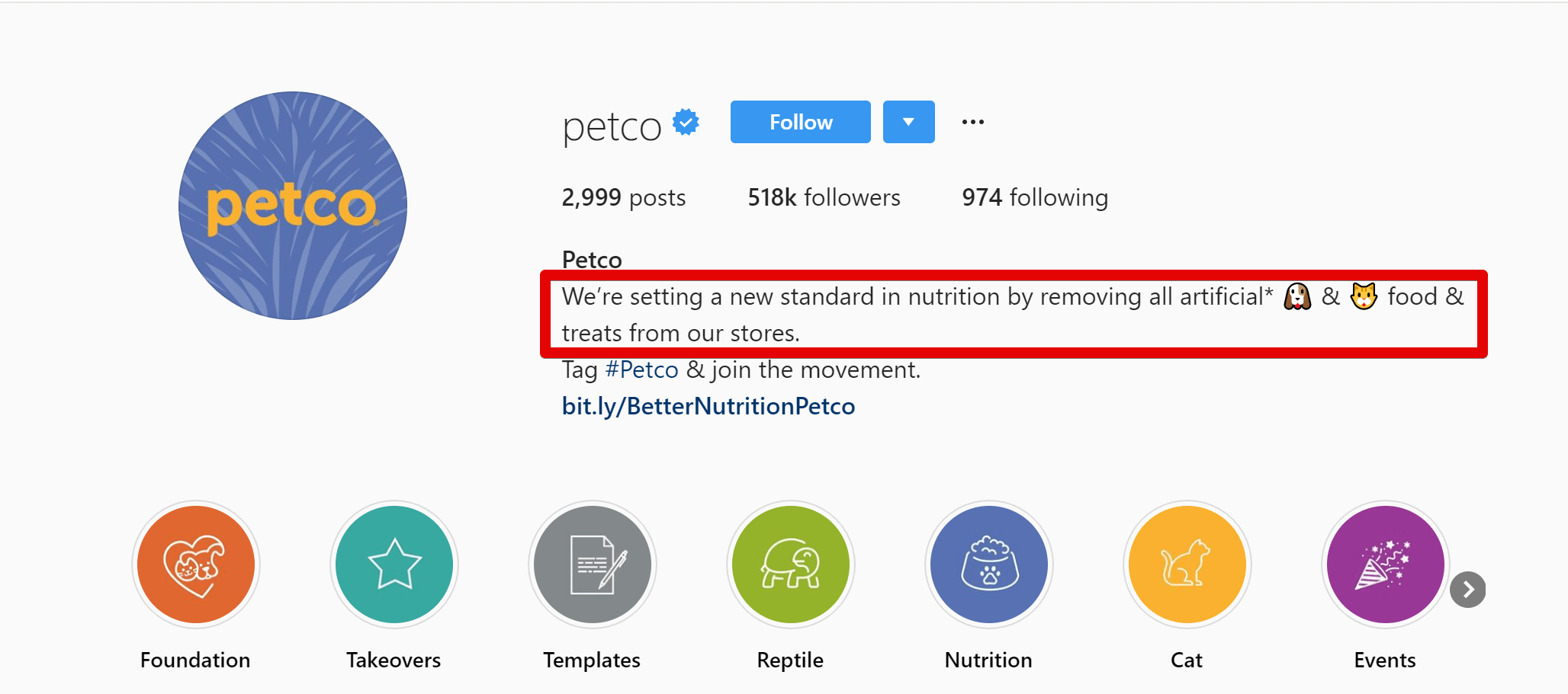 an image showing the Petco’s example of a cool Instagram bio