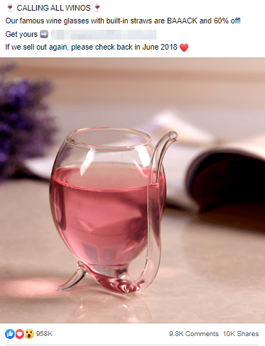 A Facebook ad of a wine glass with a blurred background