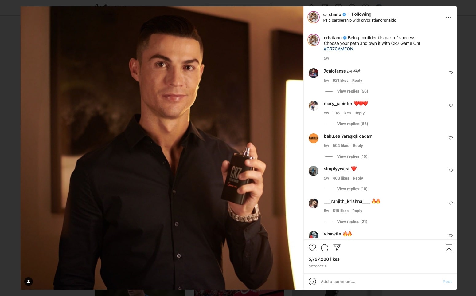 a screenshot of an ad on which Ronaldo advertises CR7 products