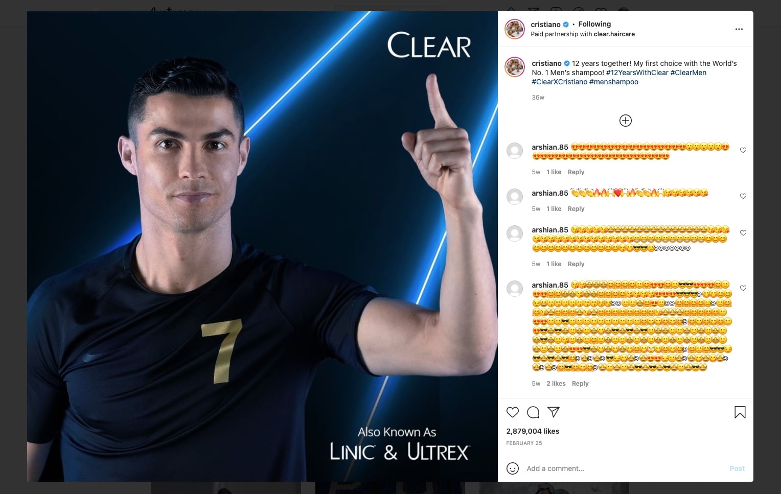a picture showing Cristiano Ronaldo advertising a Clear shampoo