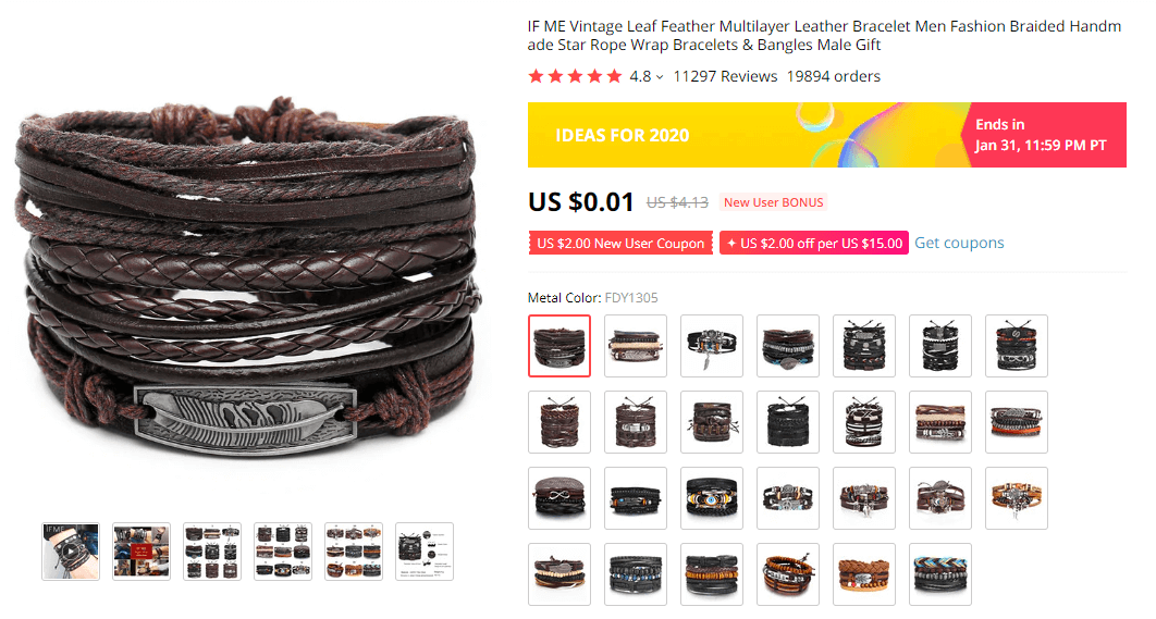 Things under 5 dollars: Leather Bracelet on AliExpress