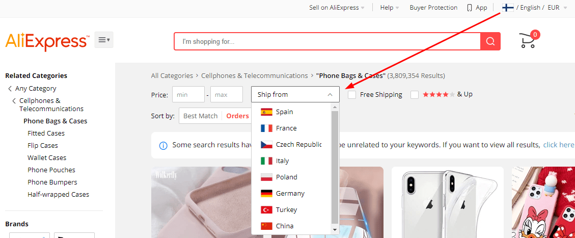 Screenshot of shipping options on AliExpress that let you order products from the nearest countries to make delivery faster 