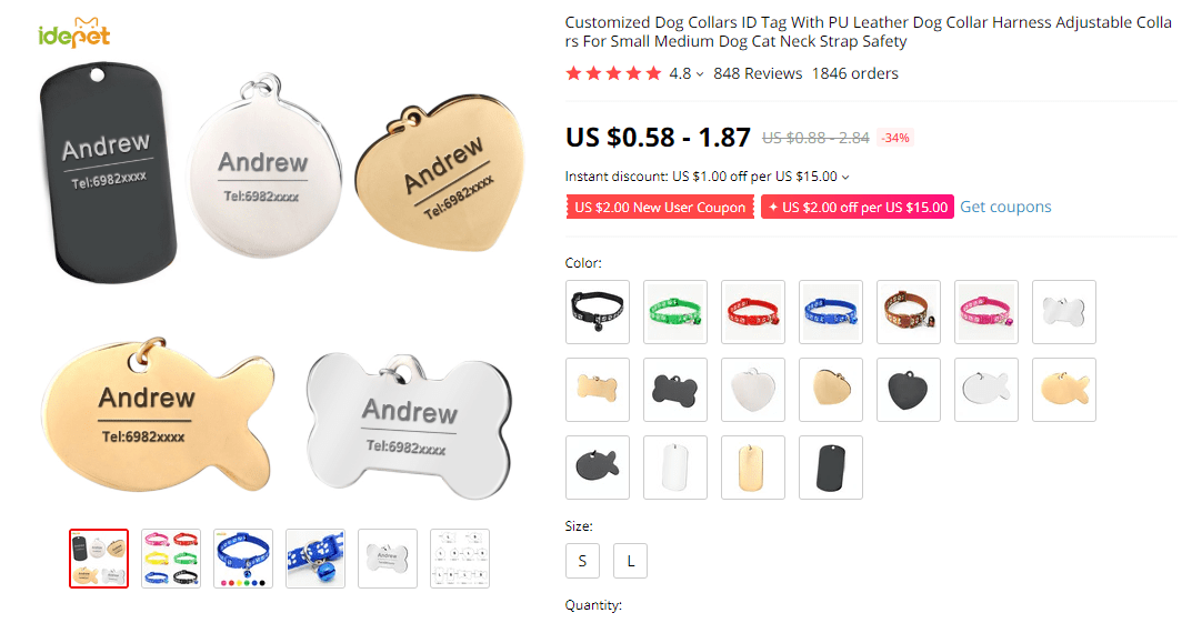 Customizable ID tag for pets on AliExpress