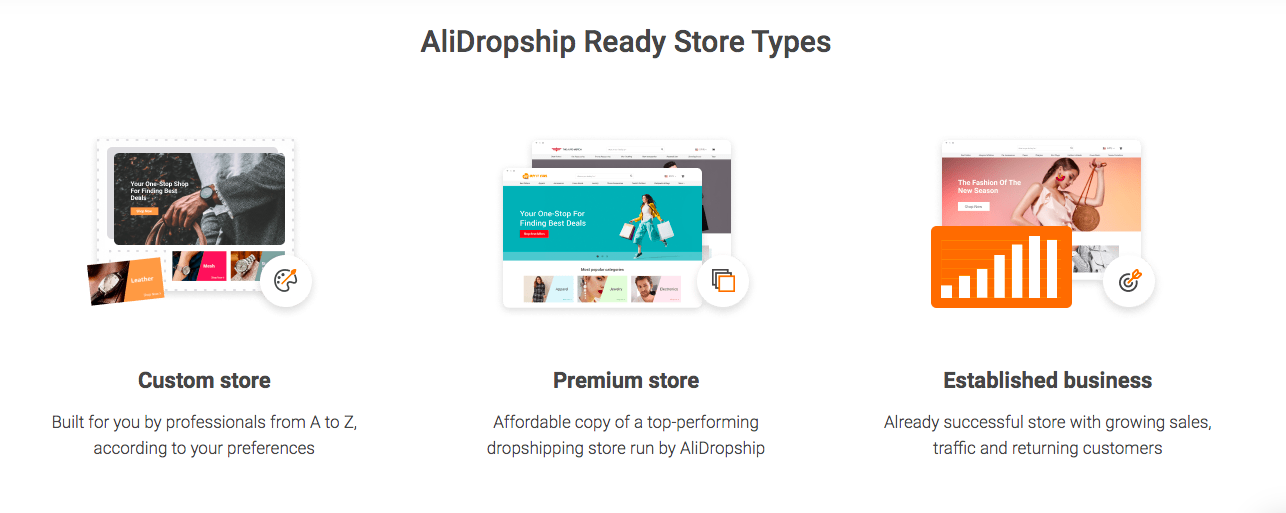 Ready-made dropshipping businesses offered by AliDropship: Customs Stores, Premium Stores, and Established Stores.