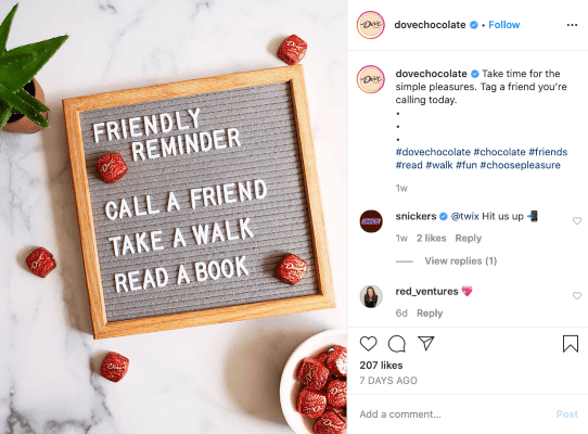Dove Chocolate posting quotes on their Instagram account