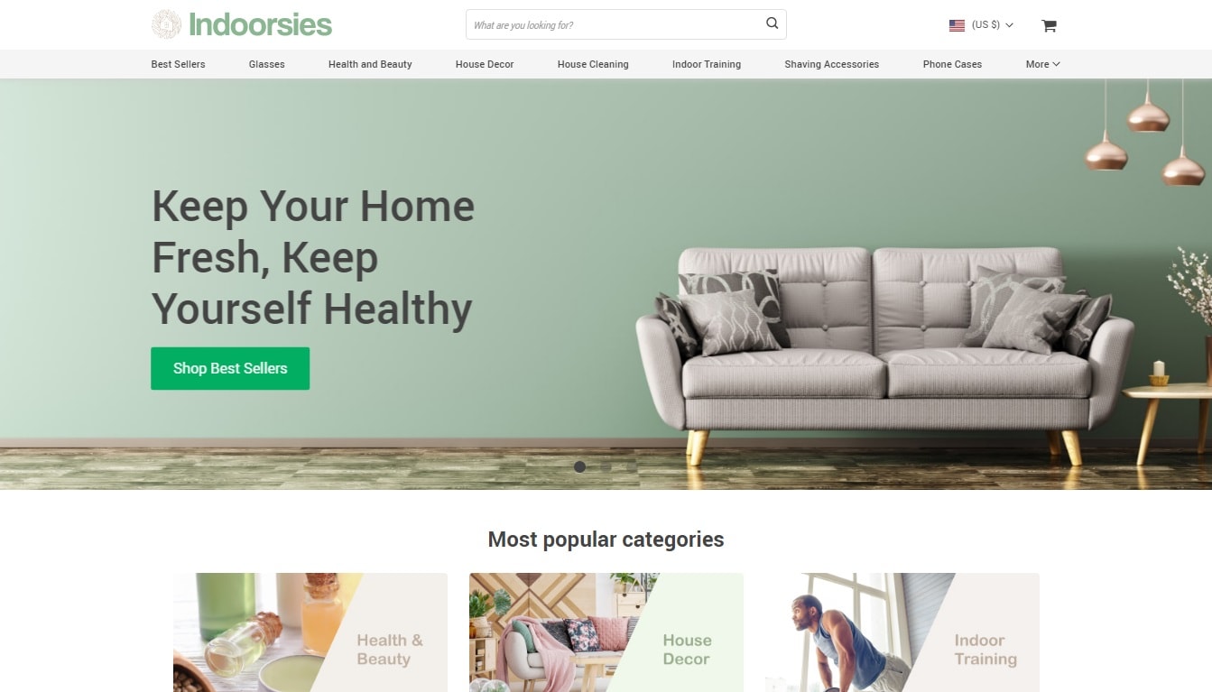 The homepage of Indoorsies – an Established Dropshipping Store you can purchase from AliDropship.