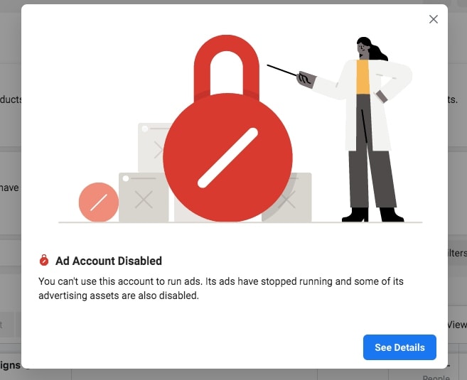 Скриншот сообщения Facebook о том, что ваш рекламный аккаунт отключен