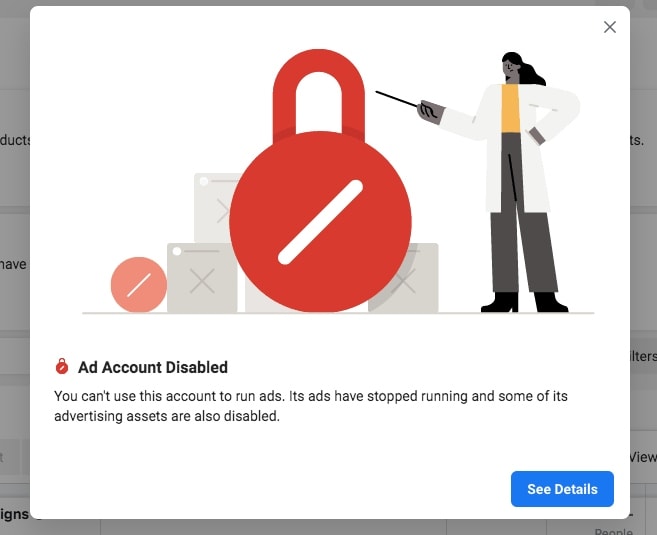 Screenshot of a Facebook message telling your Ad account has been disabled