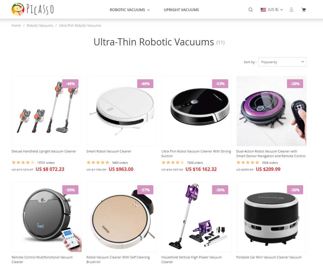 Product catalog with multiple goods on the Picasso store theme.