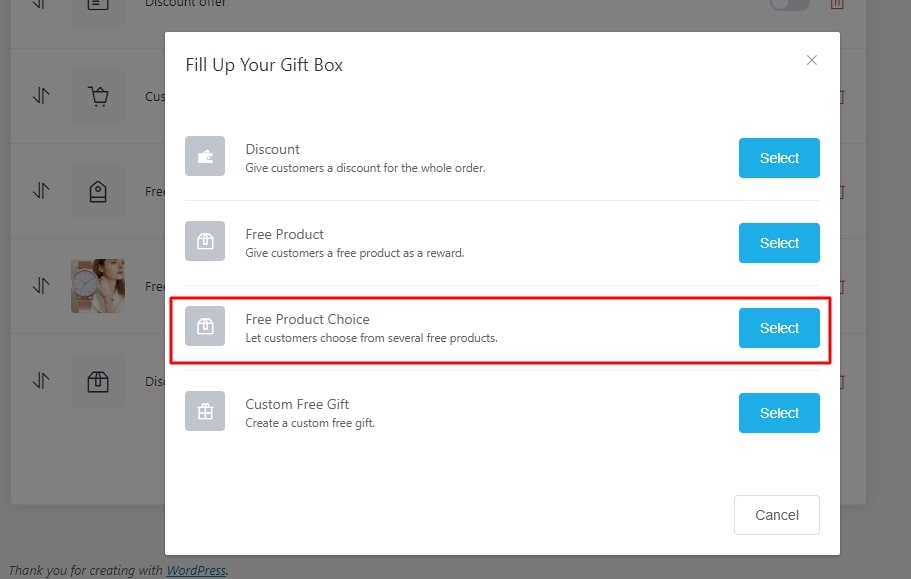 Creating a free product choice offer in the Gift Box add-on