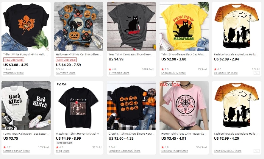 Screenshot of gloomy and funny Halloween T-shirts found on AliExpress