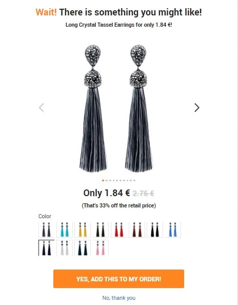 Earrings offered through the Purchase Upsell pop-up window on a dropshipping store