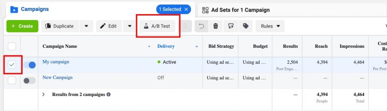 An alternative method of creating a split testing campaign in Facebook Ads Manager