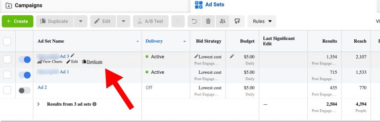 Screenshot of duplicating a Facebook ad in Ads Manager
