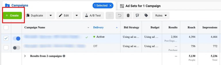 Creating a new advertising campaign in Facebook Ads Manager for split testing