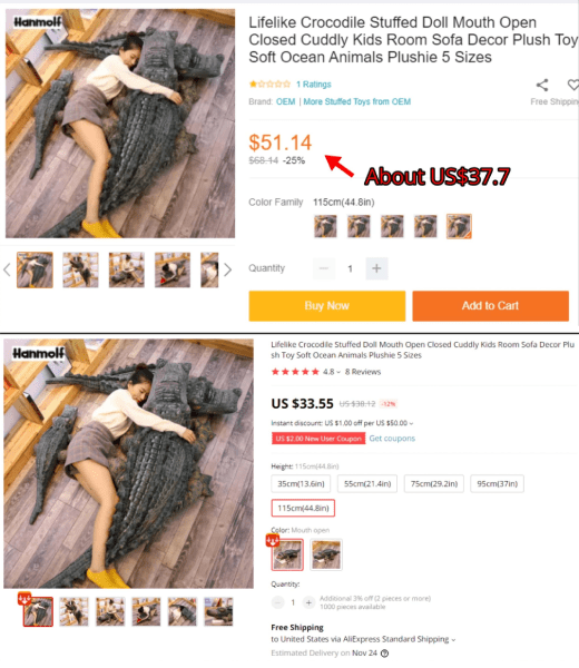 Screenshot of identical plush crocodile toys and their prices on Lazada and AliExpress