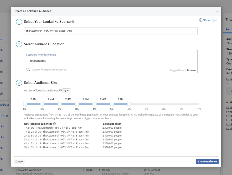 Creating Facebook lookalike audiences by size segments