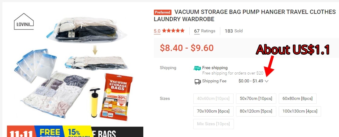 Screenshot of a product page on Shopee demonstrating the marketplace's shipping cost