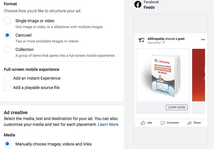 Screenshot of how to make a carousel ad - one of the more advanced Facebook ad types. 
