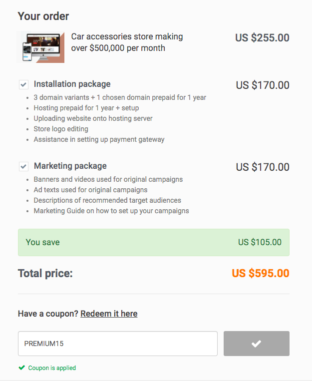 The cost of a Premium dropshipping store with the extra packages added and the coupon applied