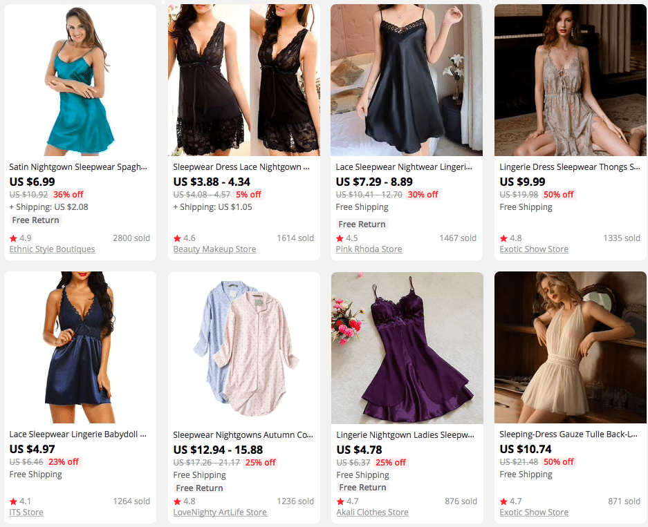 a picture showing the range and prices of women's night gowns on AliExpress