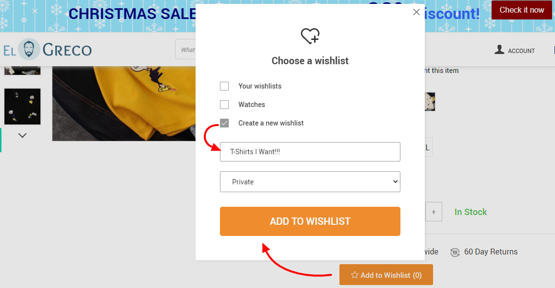 A pop-up window that lets site visitors add products to a wish list.