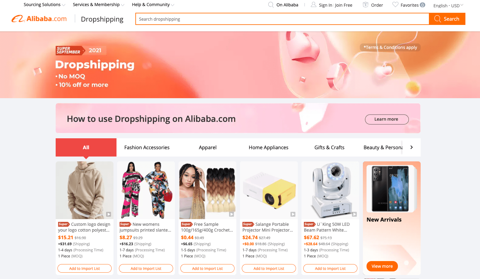 a picture showing Alibaba's product range for dropshippers in 2021