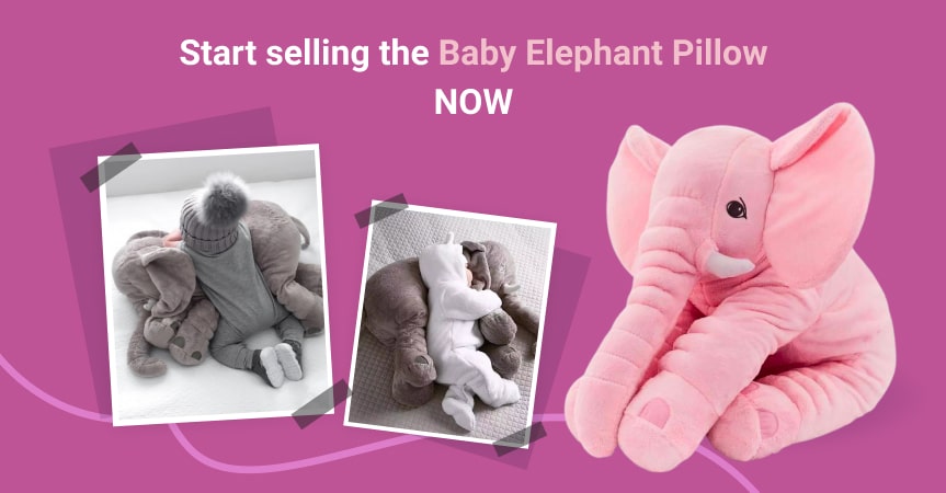 a picture showing the best dropshipping product to sell this week - it's a baby elephant pillow