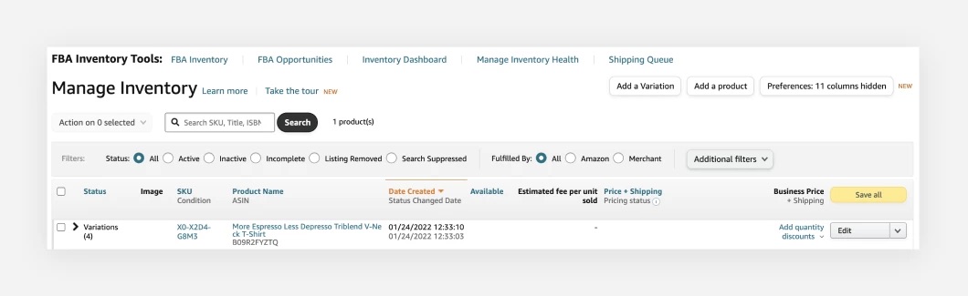 a picture showing how inventory management looks like on Amazon