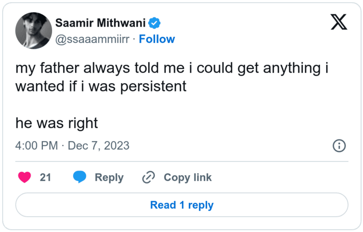 Screenshot twitter Saamir Mithwani