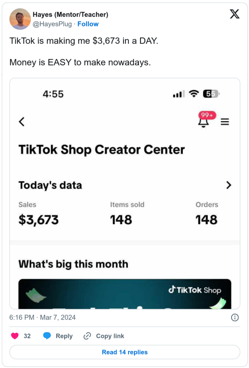 screenshot Hayes king of tiktok shop twitter