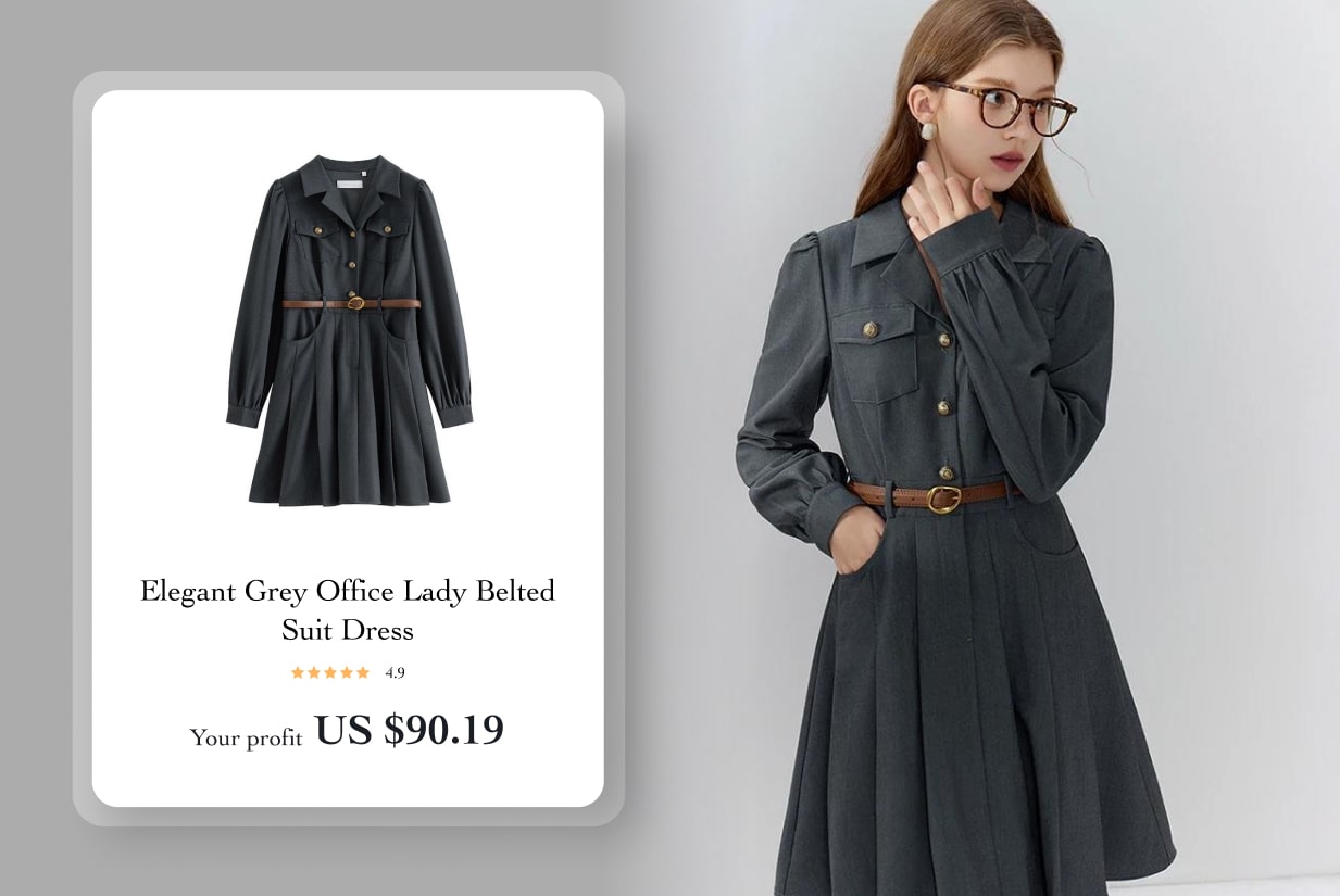 Elegant Grey Office Lady Belted Suit Dress