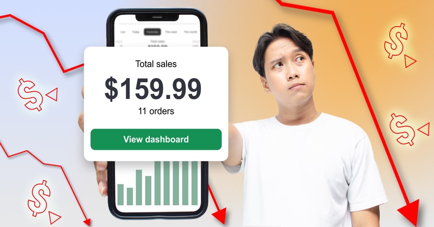 Title picture for article truth about dropshipping. Man holding phone and showing low profit.