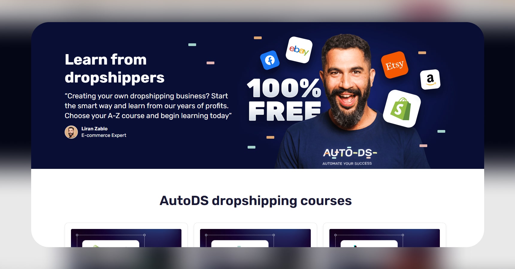Screenshot of the AutoDS dropshipping course's homepage for the Best dropshipping courses article