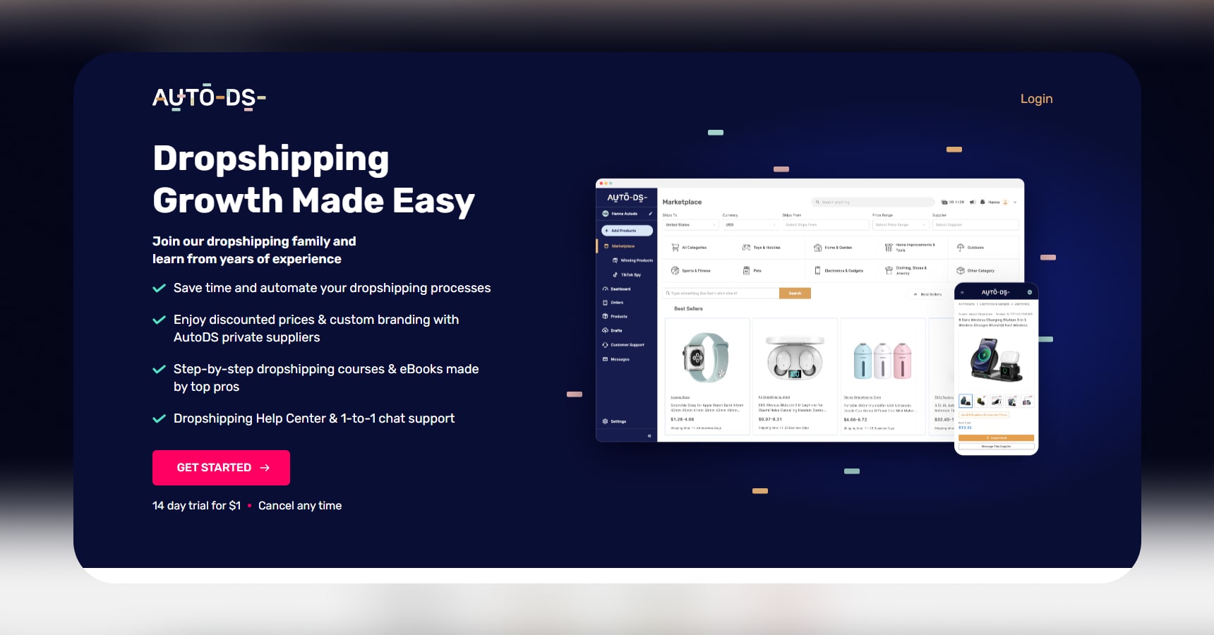 Screenshot of AutoDS's homepage for the Best apps for dropshipping article