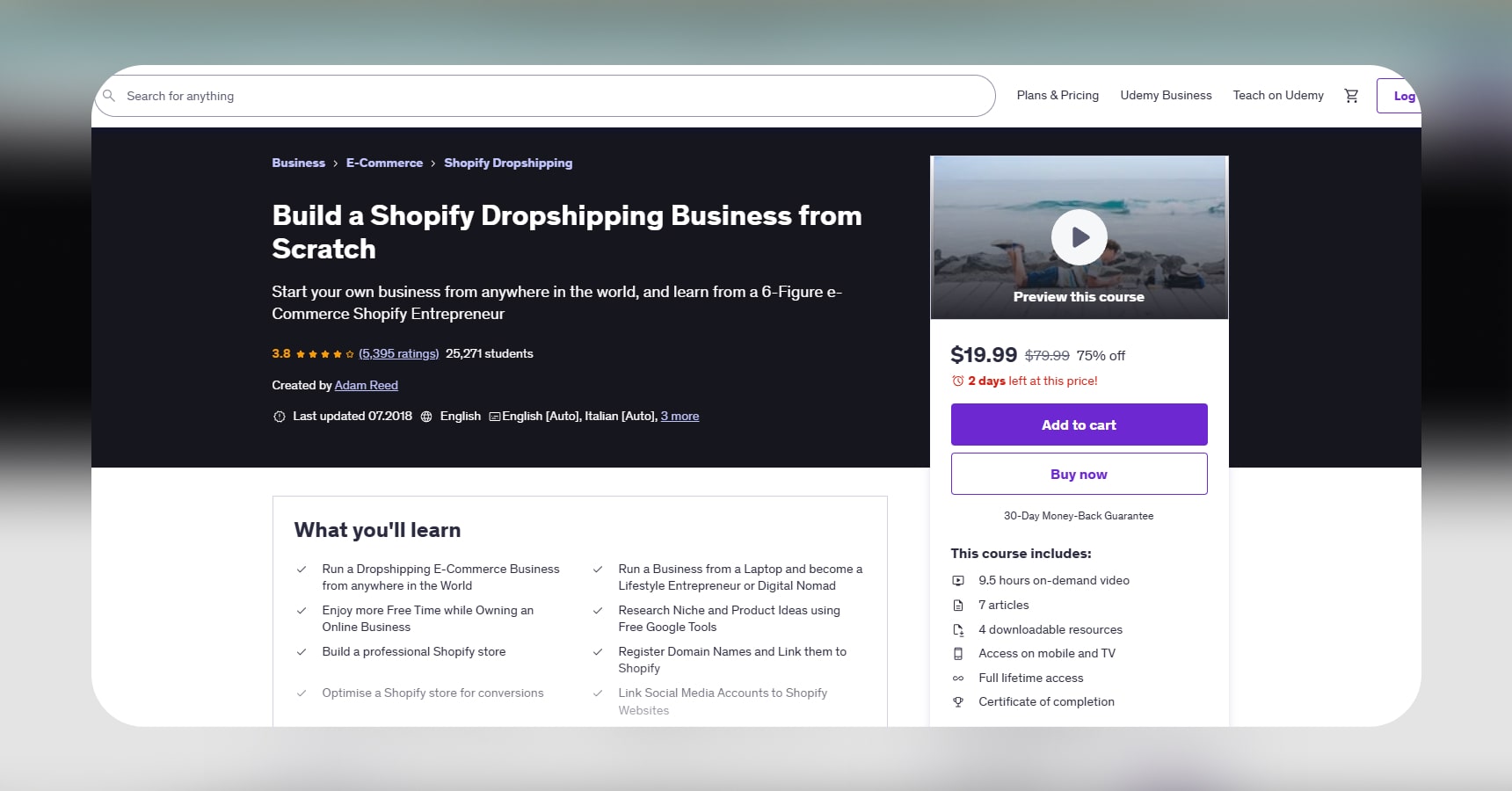 Screenshot of the page of Build a Shopify dropshipping business from scratch for the Best dropshipping courses article