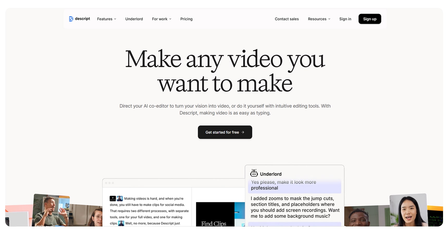 Screenshot of the Descript's homepage for The Best AI Apps And Tools For Ecommerce article