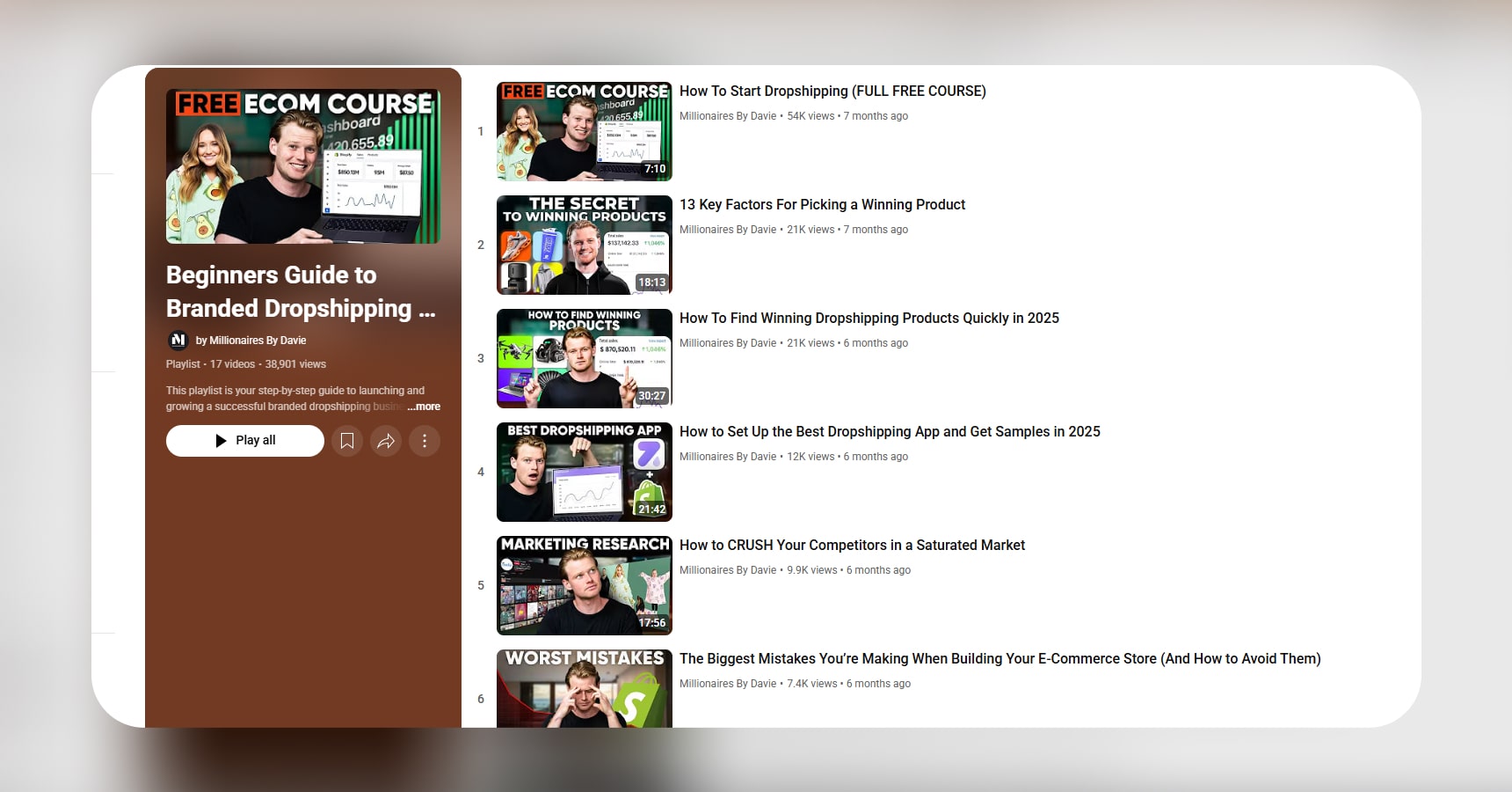 Screenshot of the Millionaires by Davie's YouTube playlist for the Best dropshipping courses article