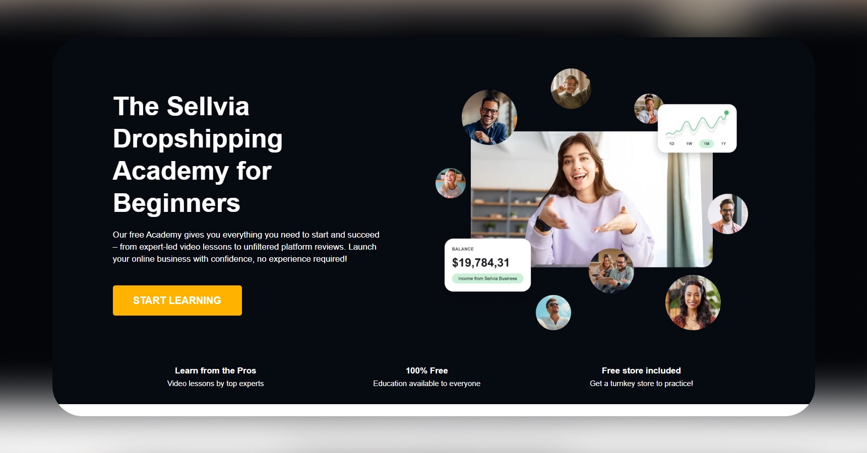 Screenshot of the Sellvia Academy's homepage for the best dropshipping courses article