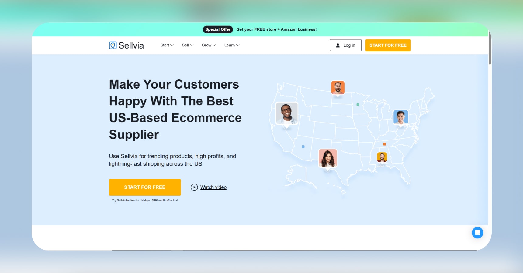 Screenshot of the Sellvia's homepage for the Best dropshipping websites article